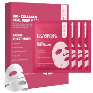 Bio-Collagen Face Mask, Korean Hydrating Sheet Masks for Deep Moisture & Glow in Skincare Routine | Nourishing Collagen Mask for All Skin Types, 34g x 4ea