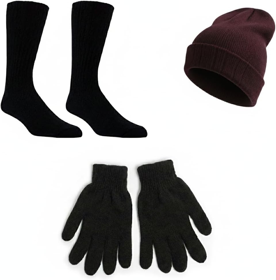 Winter Beanie Hat Gloves Socks Set, Adult Thick Thermal Fleece Lined Cold Weather Bundle (Asserted Colour)