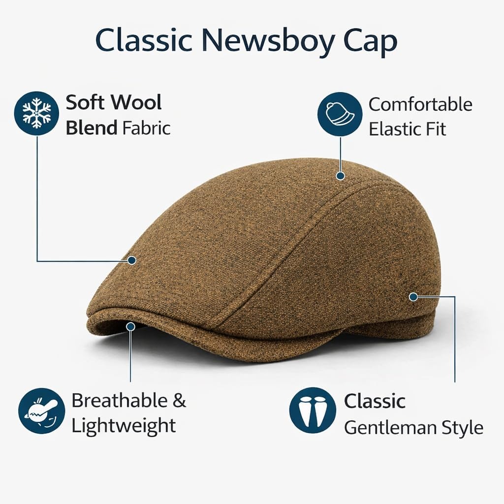 Men's Pinstripe Ivy Cap, Wool Blend Flat Cap with Elastic Closure, Classic Driving Hat for Casual & Dress Wear - Image 4
