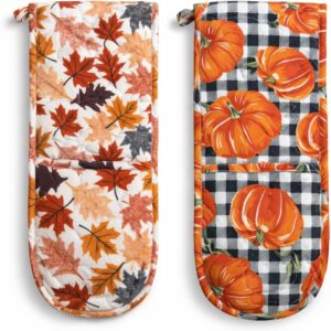 Double Oven Mitts 100% Cotton, 7 x 35 Inch Extra Long, Heat Resistant, Non-Slip Kitchen Mitts Assorted Design - Pack of 1