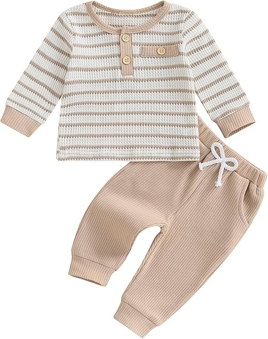 Newborn Baby Boy Clothes Waffle Striped Long Sleeve Sweatshirt Pullover Tops and Pants Sets Fall Winter Outfits - Image 5