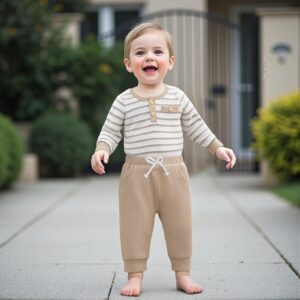Newborn Baby Boy Clothes Waffle Striped Long Sleeve Sweatshirt Pullover Tops and Pants Sets Fall Winter Outfits