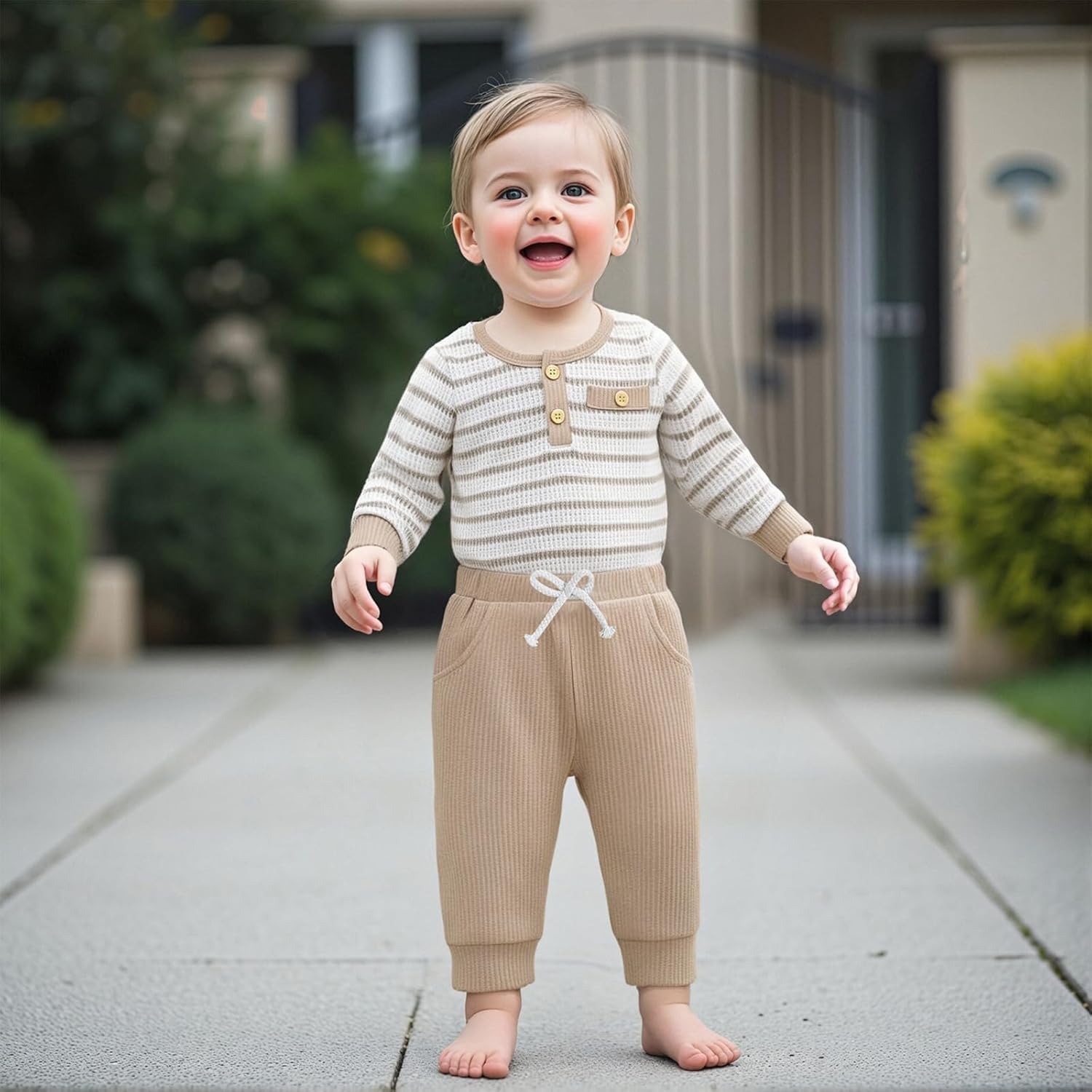Newborn Baby Boy Clothes Waffle Striped Long Sleeve Sweatshirt Pullover Tops and Pants Sets Fall Winter Outfits
