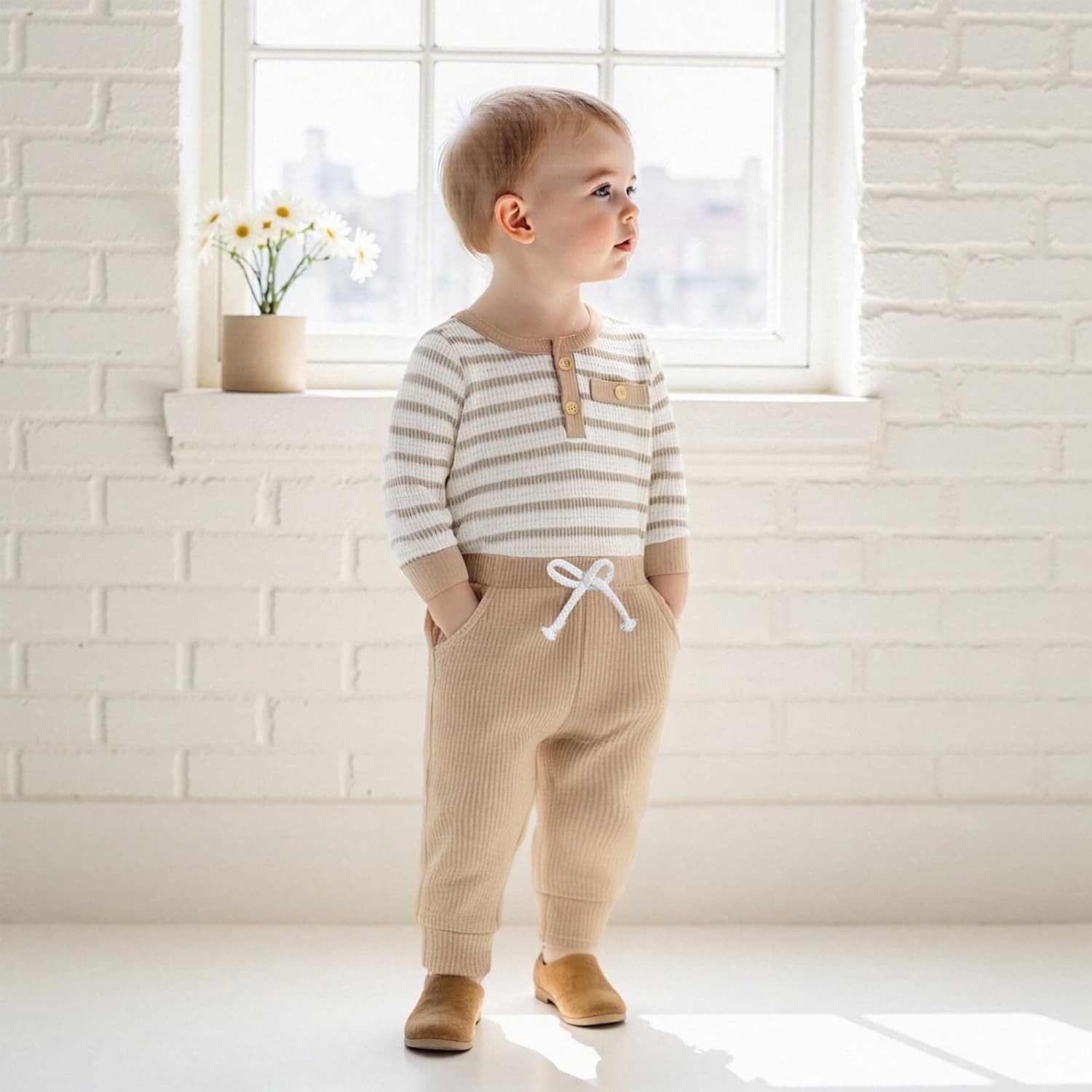 Newborn Baby Boy Clothes Waffle Striped Long Sleeve Sweatshirt Pullover Tops and Pants Sets Fall Winter Outfits - Image 2