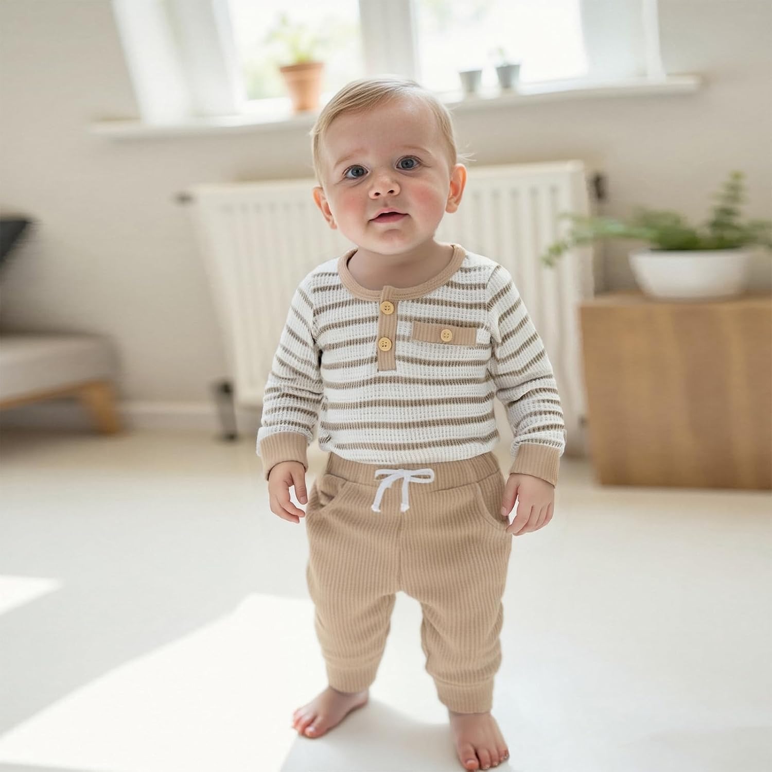 Newborn Baby Boy Clothes Waffle Striped Long Sleeve Sweatshirt Pullover Tops and Pants Sets Fall Winter Outfits - Image 3