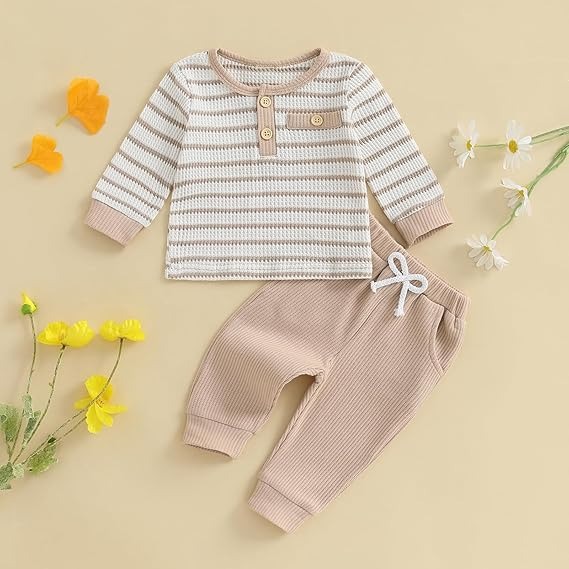Newborn Baby Boy Clothes Waffle Striped Long Sleeve Sweatshirt Pullover Tops and Pants Sets Fall Winter Outfits - Image 4