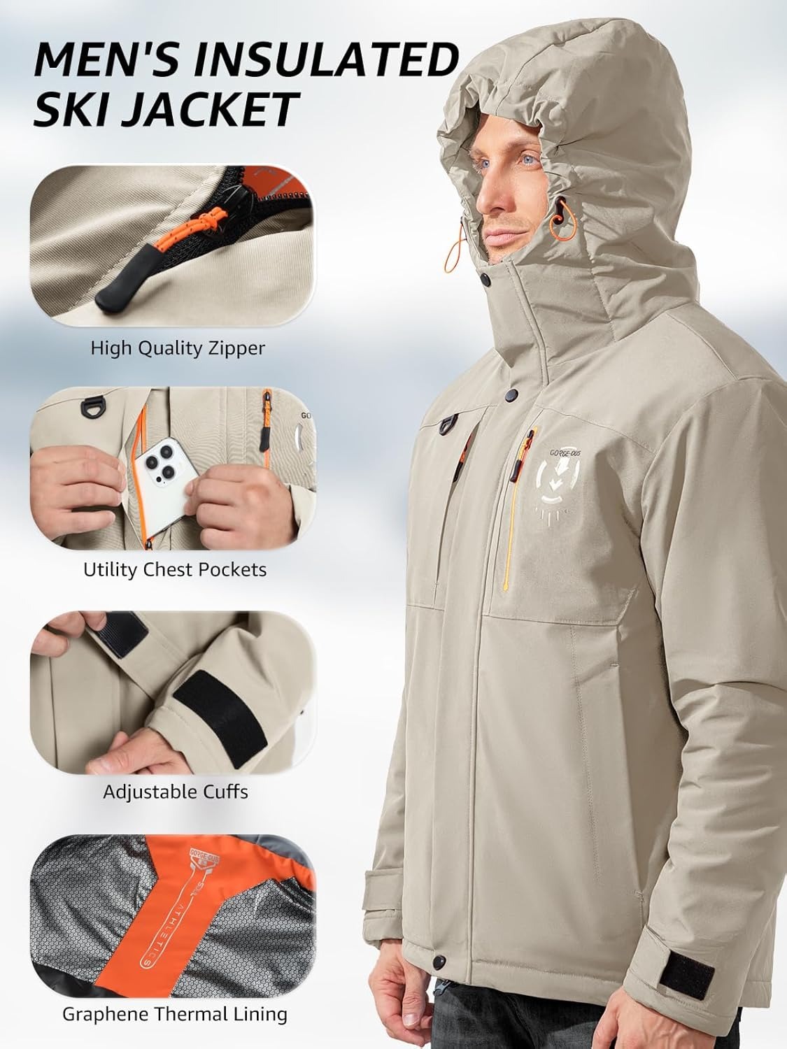 Men's Thermal Waterproof Windproof Jacket Hooded Insulated, Lightweight Winter Snow Coat with Multiple Pockets - Image 3