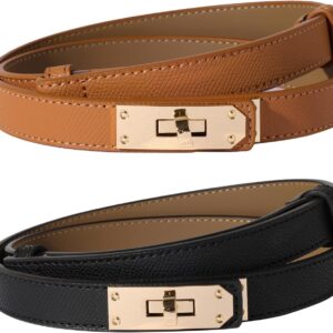 Women Skinny Leather Belt Solid Color Alloy Turn Lock Adjustable Waistband for Dresses Jeans Coats