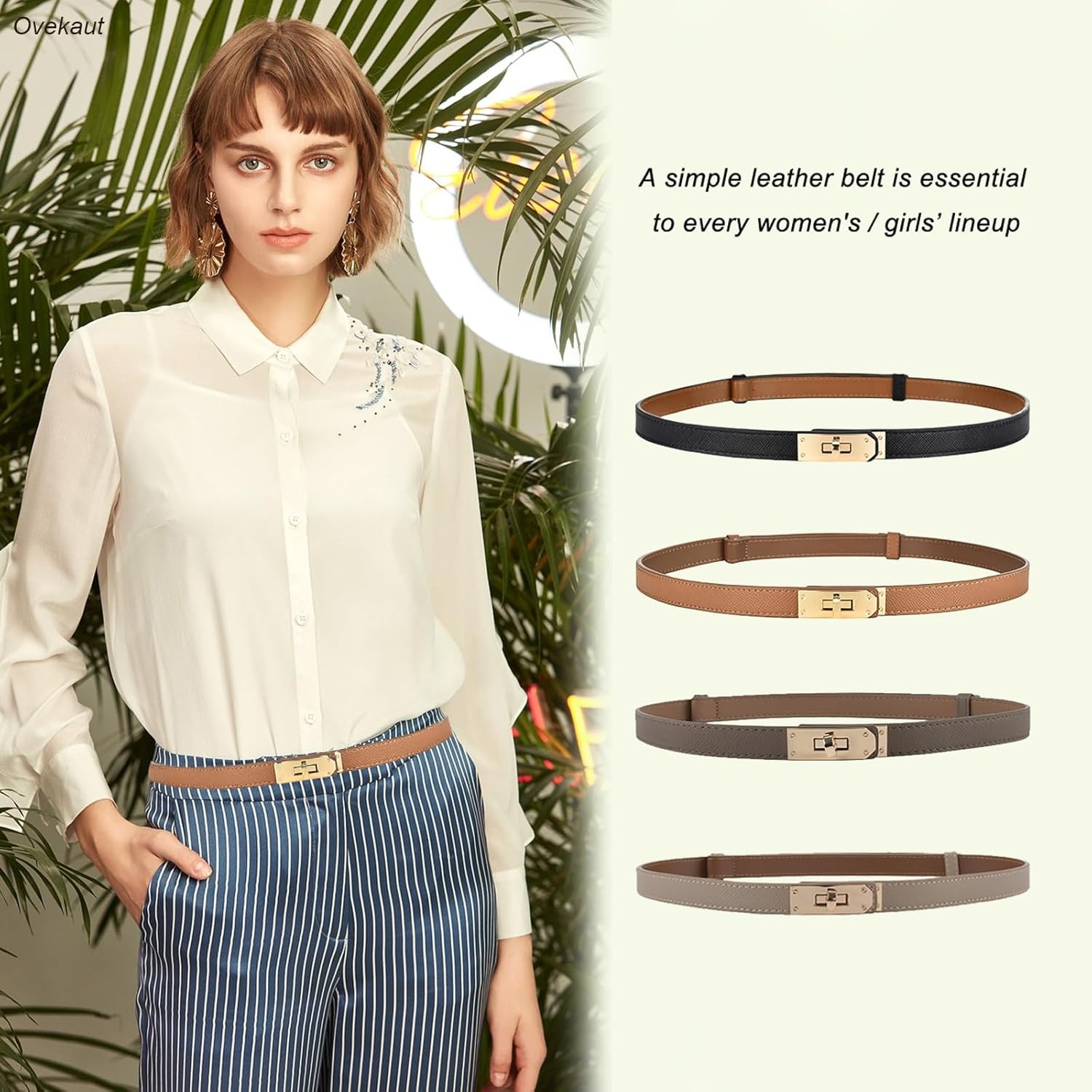 Women Skinny Leather Belt Solid Color Alloy Turn Lock Adjustable Waistband for Dresses Jeans Coats - Image 2