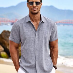 Men's Linen Shirts Short Sleeve Casual Shirts Button Down Shirt for Men Beach Summer Wedding Shirt