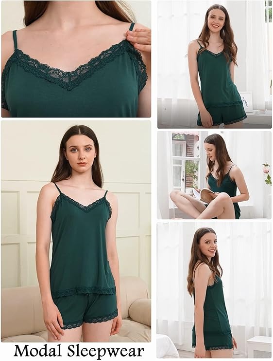 Women Cami Pajama Set Modal Sleepwear Lace Trim Short PJ Set with Shorts - Image 4