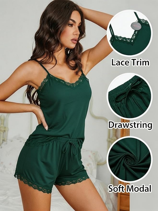 Women Cami Pajama Set Modal Sleepwear Lace Trim Short PJ Set with Shorts - Image 3